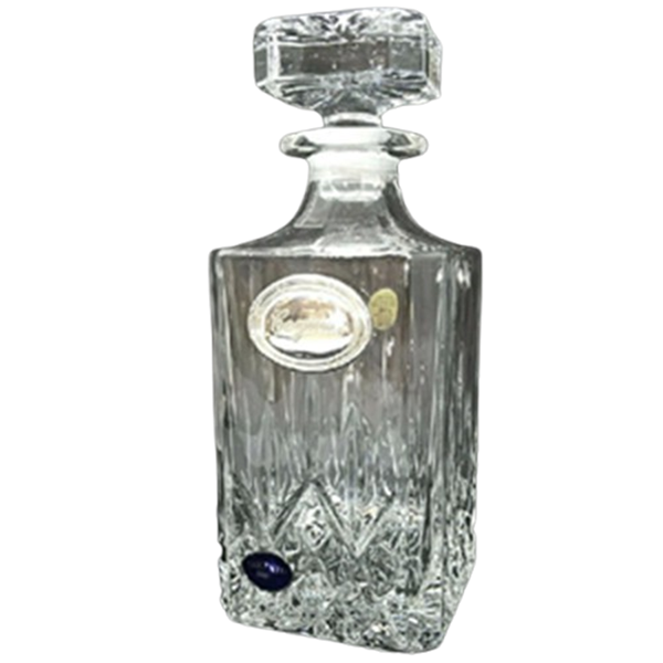 Bottiglia whisky in cristallo con targhetta in argento applicata sul fronte