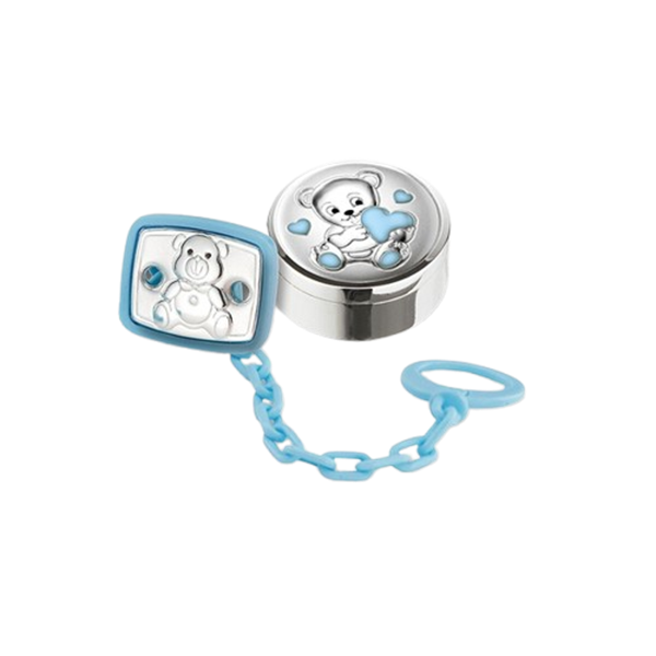 Set ciuccio Valenti 21075‑C laminato argento con decoro orsetto