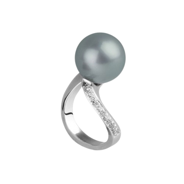 Anello in oro bianco con perla South Sea nera 12–13 mm e diamanti 0,24 ct Genesia