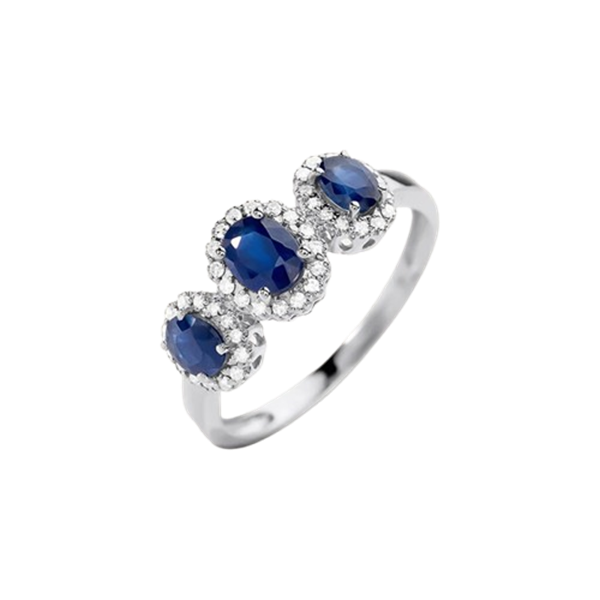 Anello trilogy Stroili in oro bianco 9KT con zaffiri ovali e diamanti taglio brillante, modello 1429590