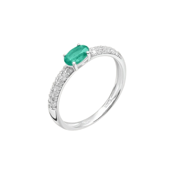Anello solitario Stroili in oro bianco 9KT con smeraldo ovale da 0,40 ct e diamanti bianchi per 0,24 ct, modello 1436254