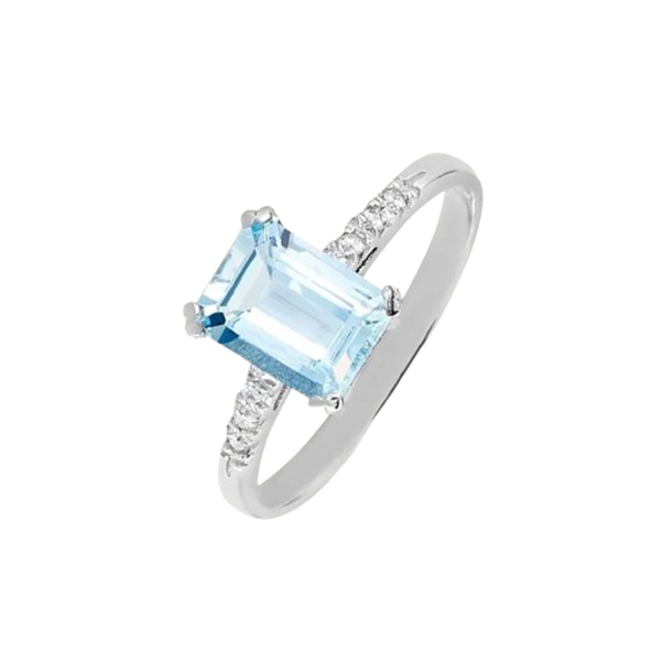 Anello solitario Stroili in oro bianco 18KT con acquamarina taglio baguette da 1,28 ct e diamante bianco 0,045 ct, modello 1626567