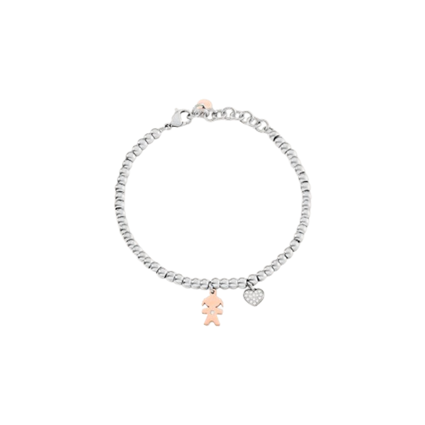 Bracciale Sunrise in acciaio bicolore bianco e rosa con cuore e cubic zirconia bianchi 16.5+3 cm
