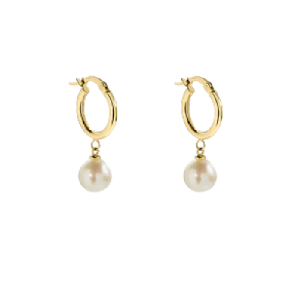 Orecchini a cerchio in oro giallo 9KT con perle d’acqua dolce bianche barocche da 7 mm e chiusura a baionetta.
