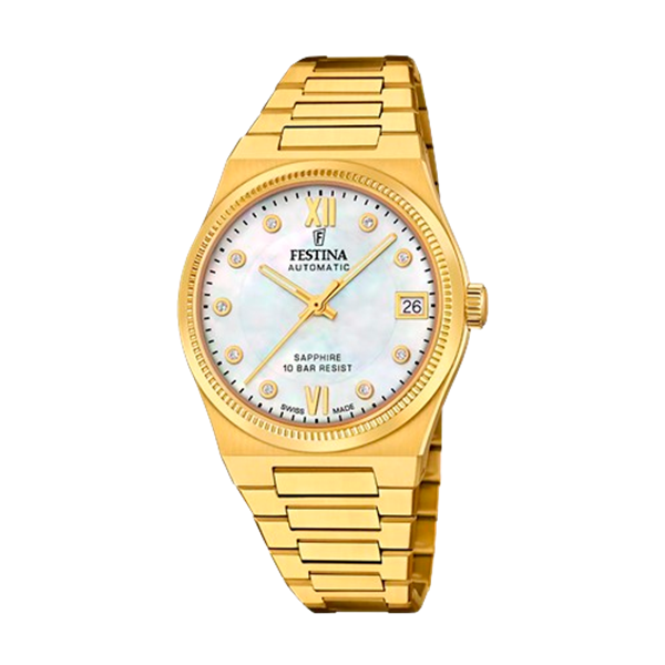 Orologio Automatico Festina Swiss Made Rivé F20033/1 da donna con quadrante madreperla crema e bracciale oro