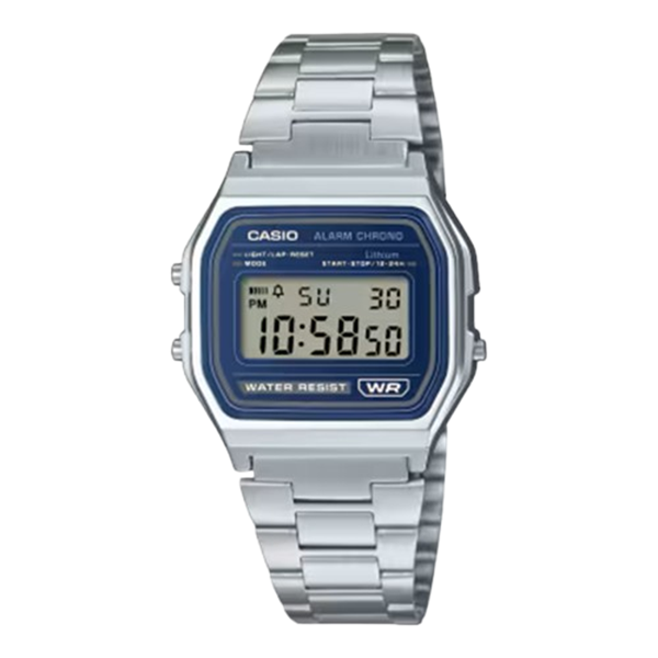 Orologio digitale unisex Casio A158WEA‑2 con quadrante blu, cinturino in acciaio inox e movimento al quarzo