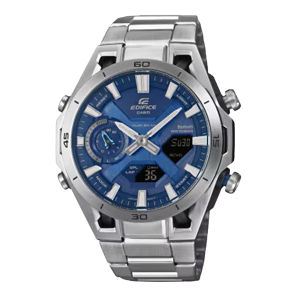 Orologio solare Casio Edifice ECB‑2300D‑2A in acciaio e carbonio con quadrante blu e funzioni Bluetooth