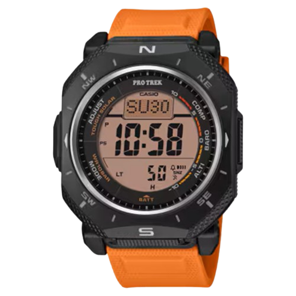 Orologio solare Casio Pro Trek PRG‑69‑4 con cassa arancione, bussola digitale e sensori Triple Sensor