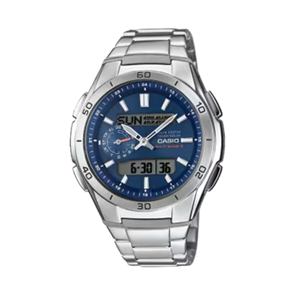 Orologio solare radiocontrollato Casio WVA‑M650D‑2A in acciaio con quadrante blu analogico‑digitale